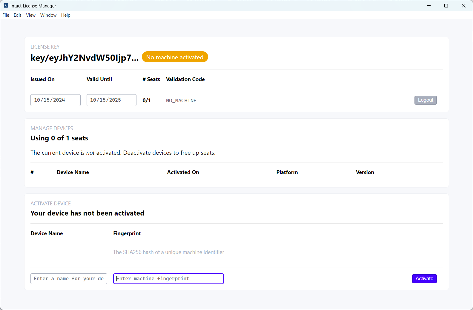 Intact License Manager machine activation